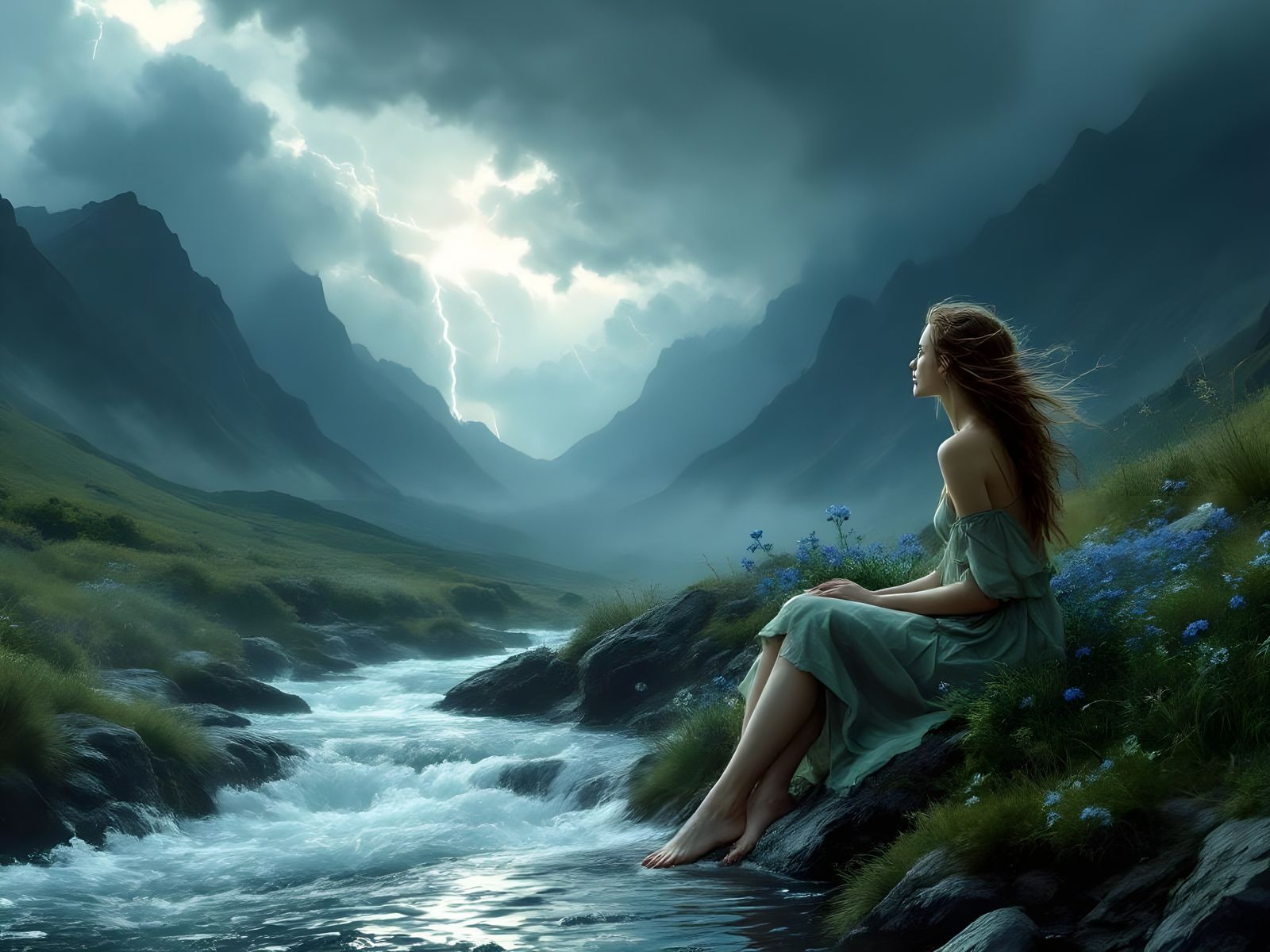 Norse Goddess in Mountain Storm, Fantasy Concept Art