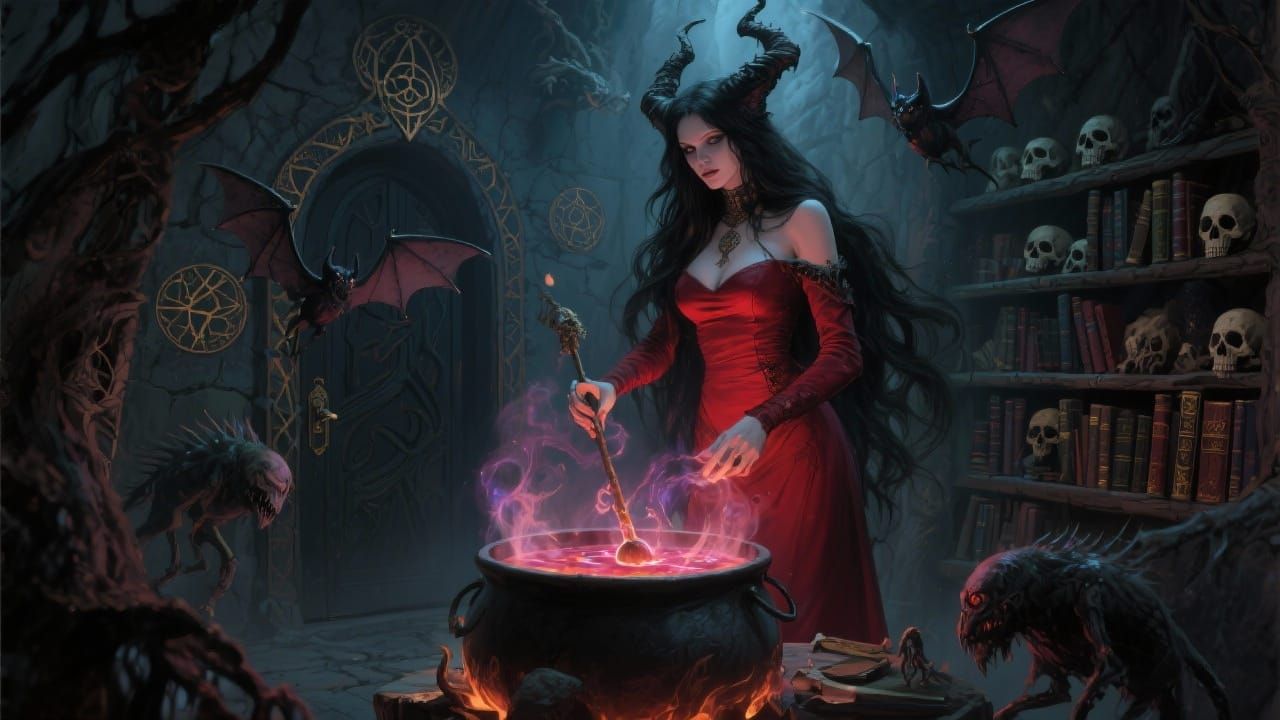 Crimson Witch in Mystic Lair: Dark Fantasy Art