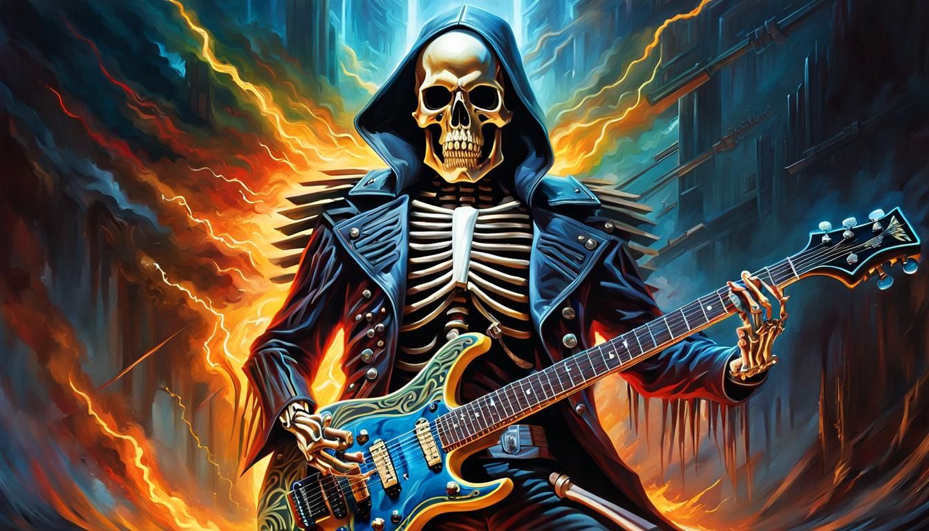 Heavy Metal Skeleton Guitarist in Oil Painting Style