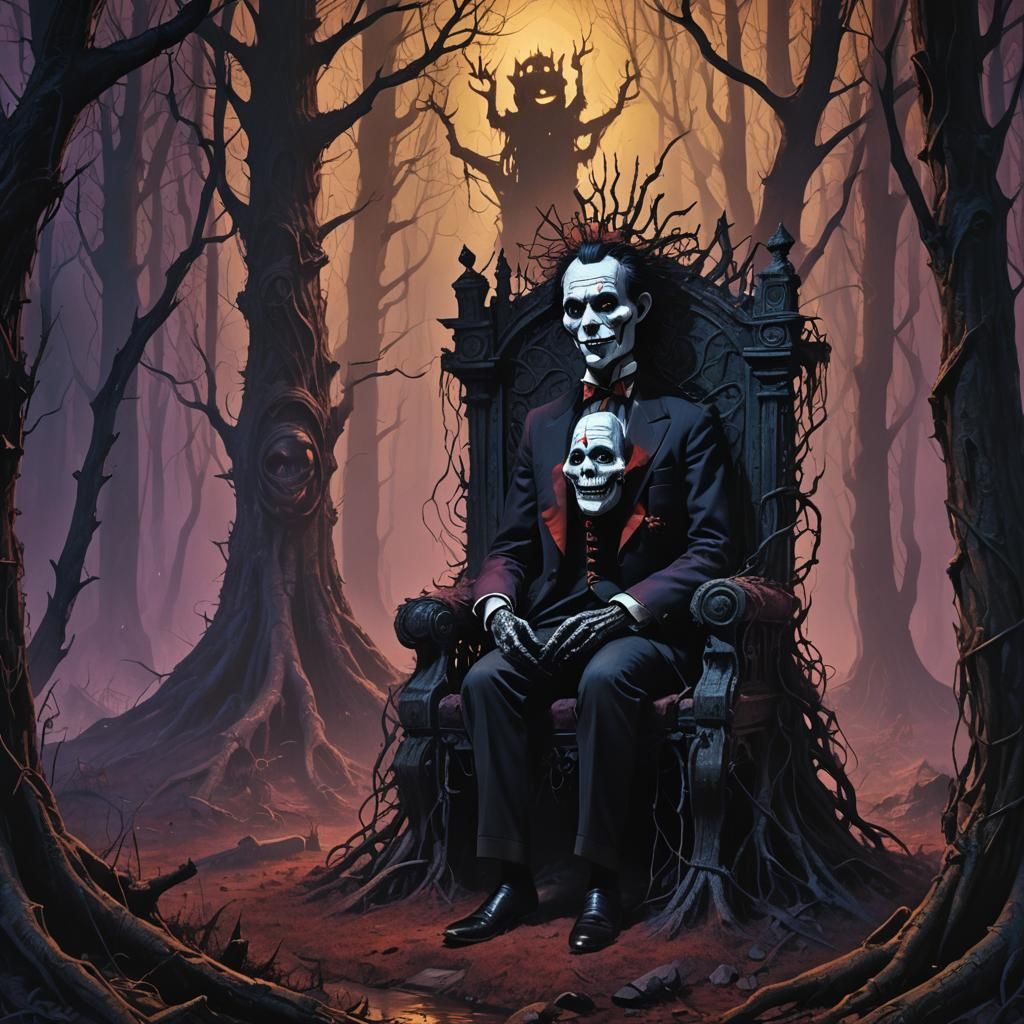 Eerie Forest Throne: Billy the Puppet in Dark Fantasy