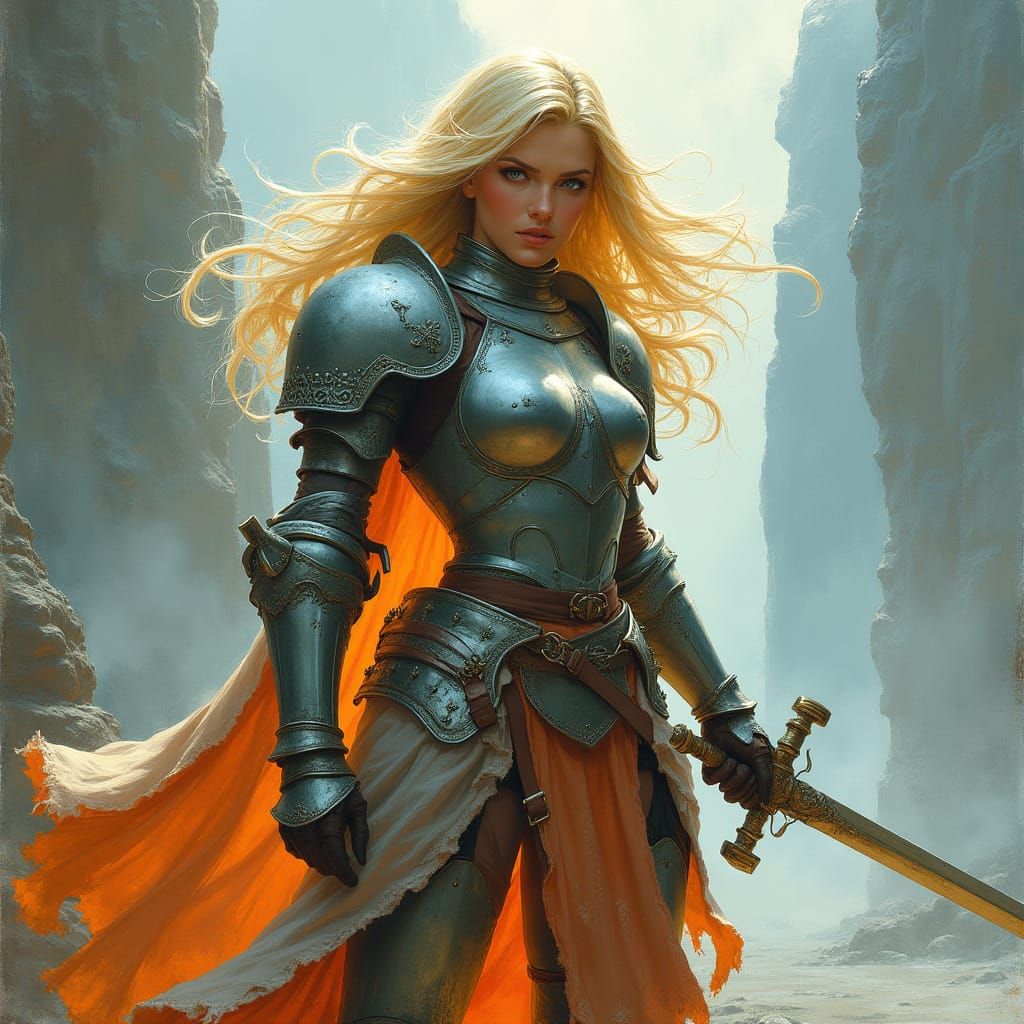 Armored Blonde Warrior in Misty Landscape