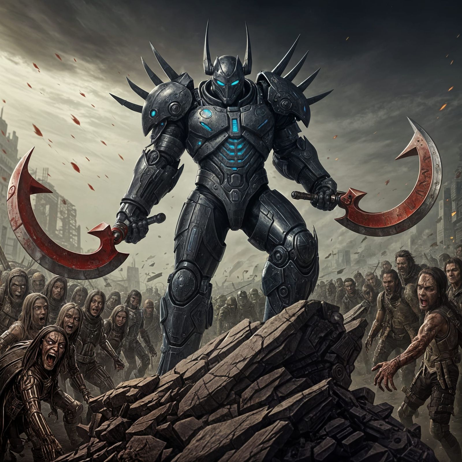 Cyberpunk Anime Boss in Metallic Armor Fends off Zombie Hord...