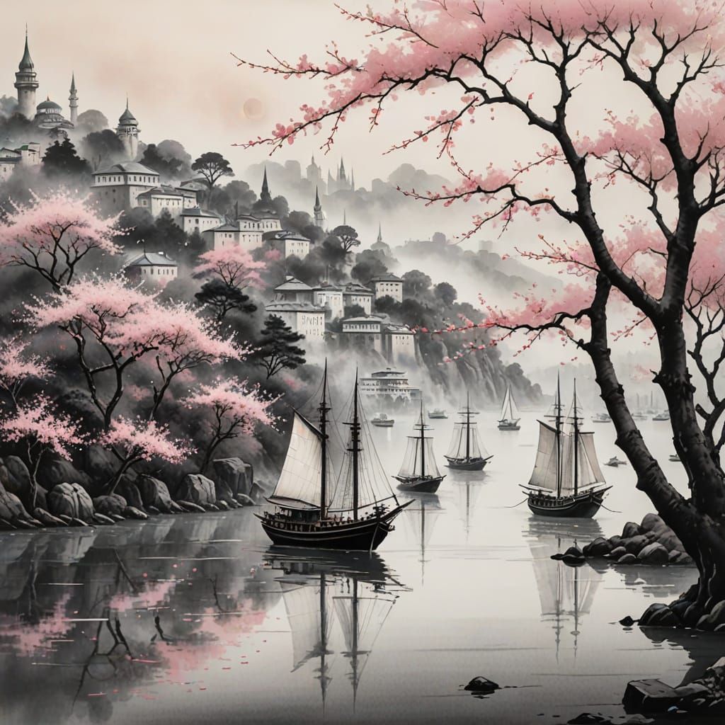 Istanbul's Ancient Sailing Ships in Dreamy Bosphorus Scene