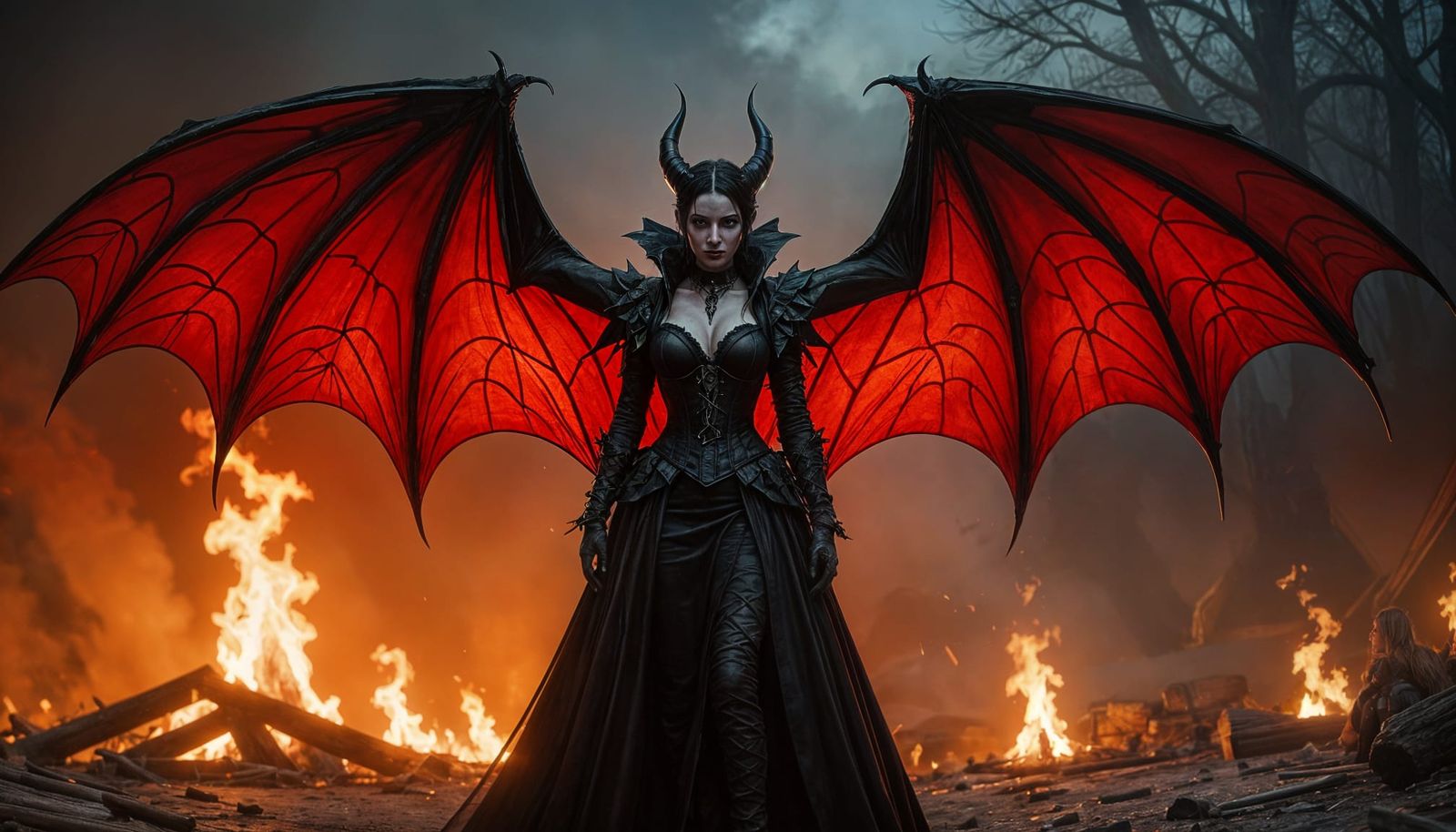 Vampire with Bat Wings and Bonfire, Gothpunk Horror