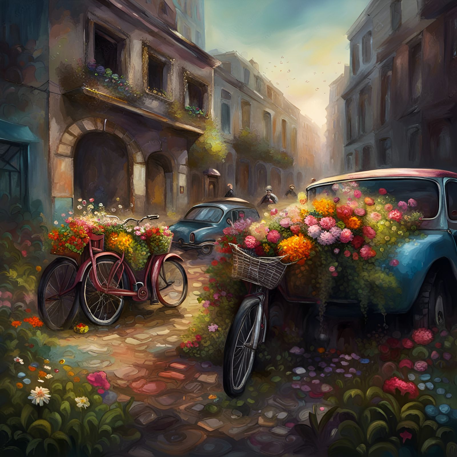 flowers in abandoned city