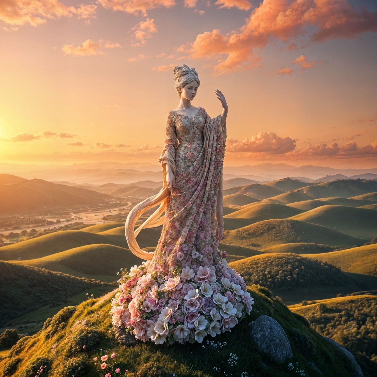 Majestic Floral Goddess Amidst Rolling Hills