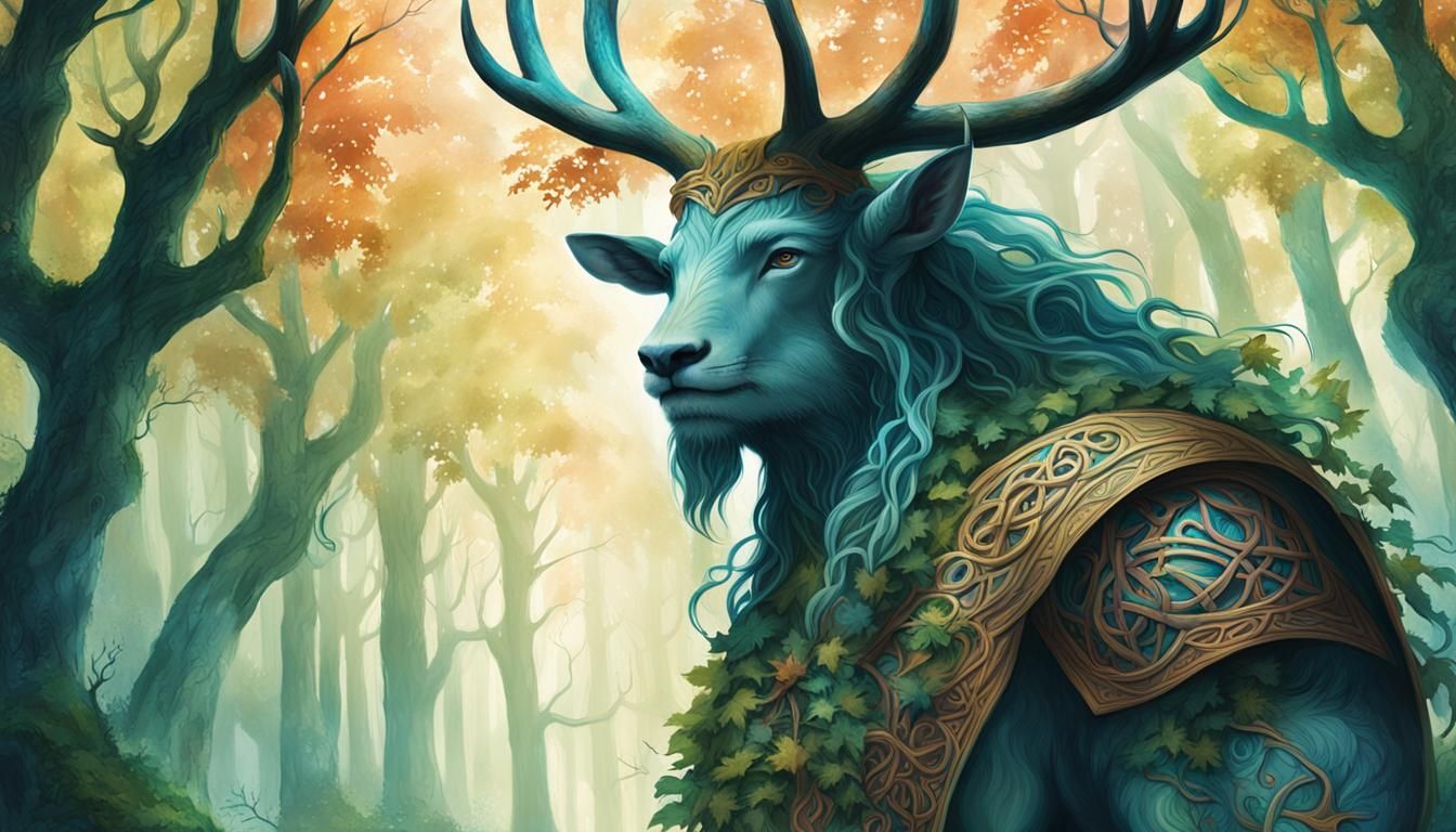 Cernunnos in Ancient Forest: Astral Illustration