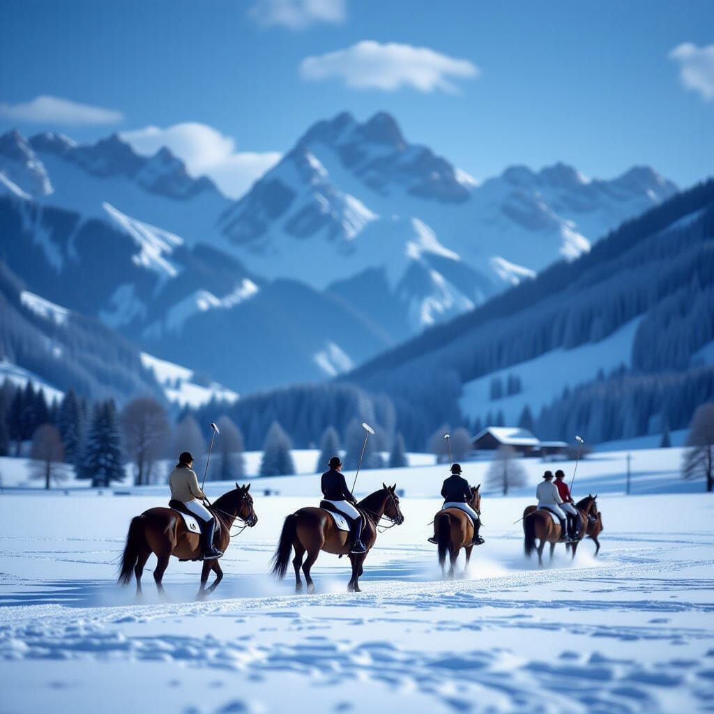 Polo Players in Swiss Alps, Cinematic Film Aesthetic