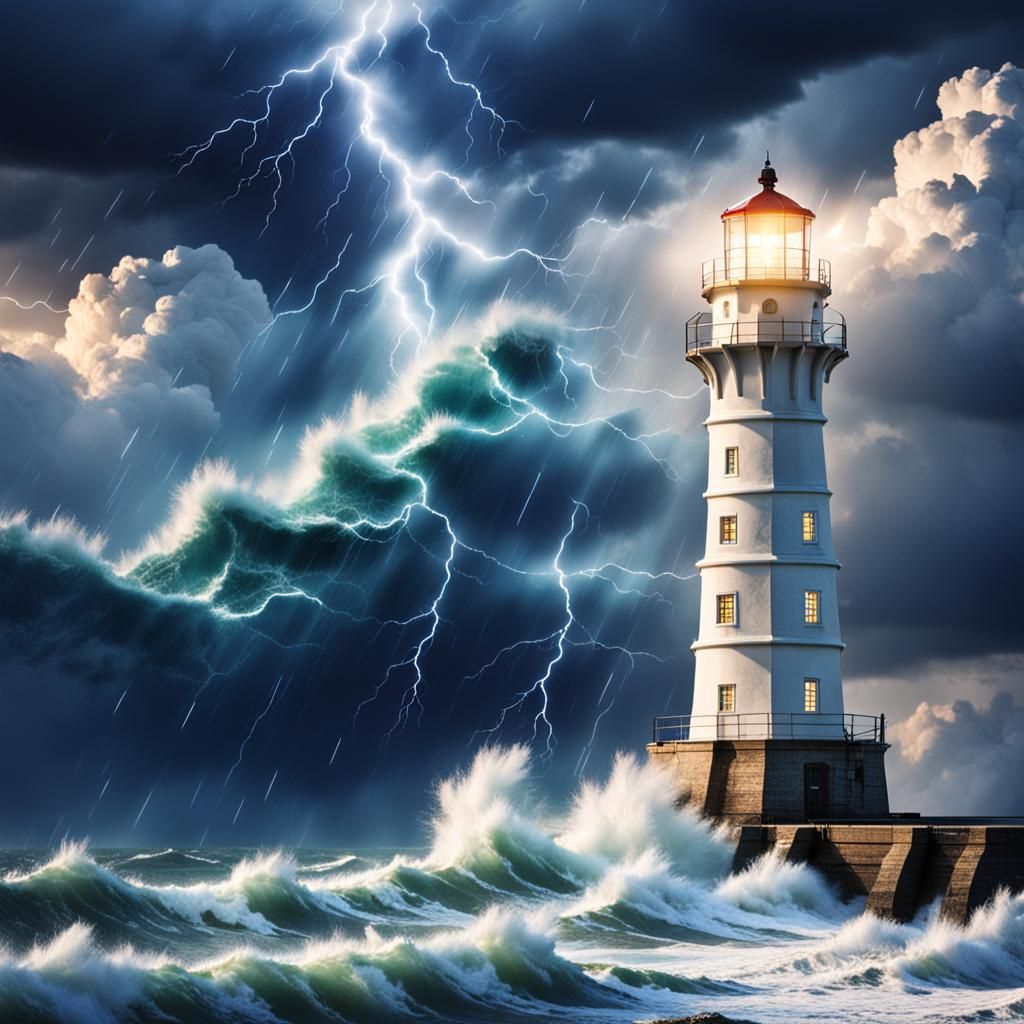 Stormy Sea Lighthouse with Lightning, Long Exposure