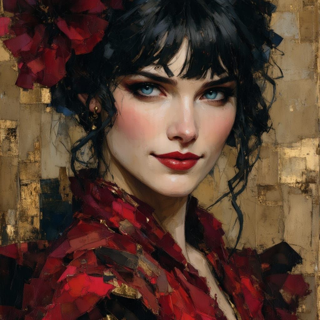 Punk Queen Portrait with Red Lips and Gold Dress