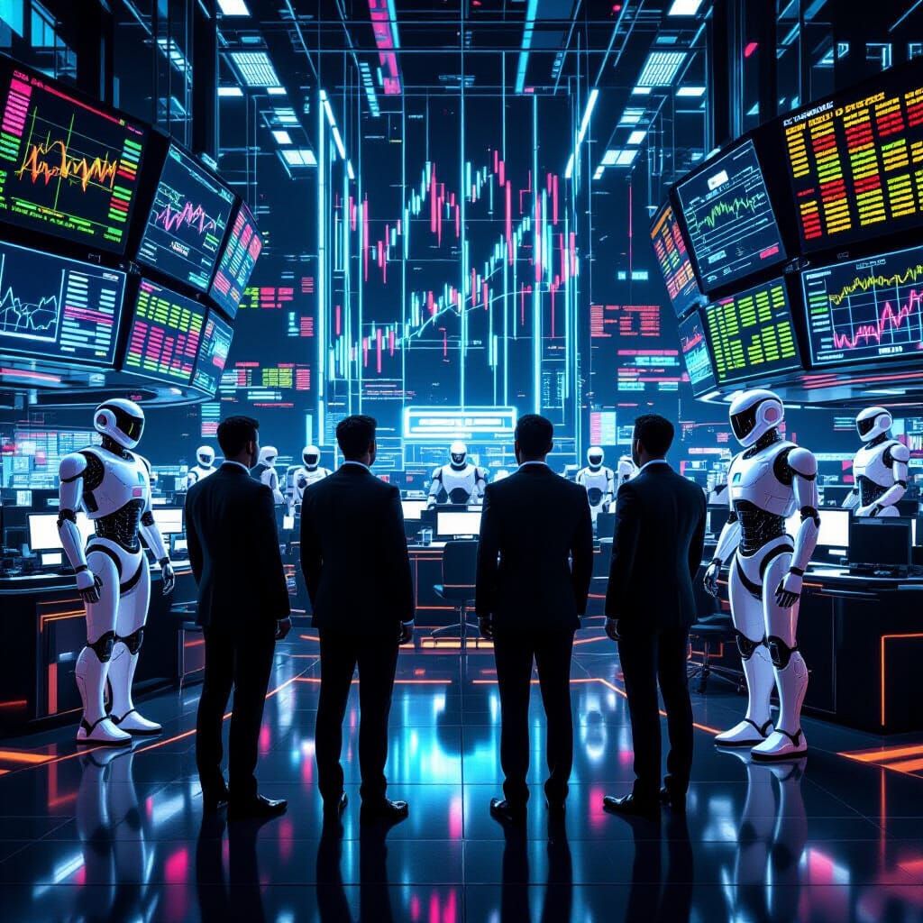 Futuristic Stock Exchange with Robots and Holographic Charts
