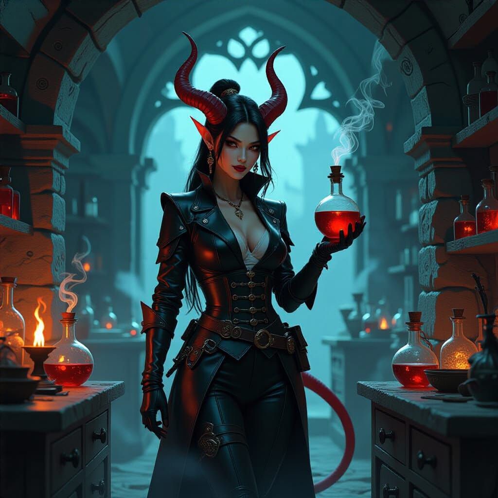 Tiefling Alchemist in Shadowy Laboratory, Loish Style