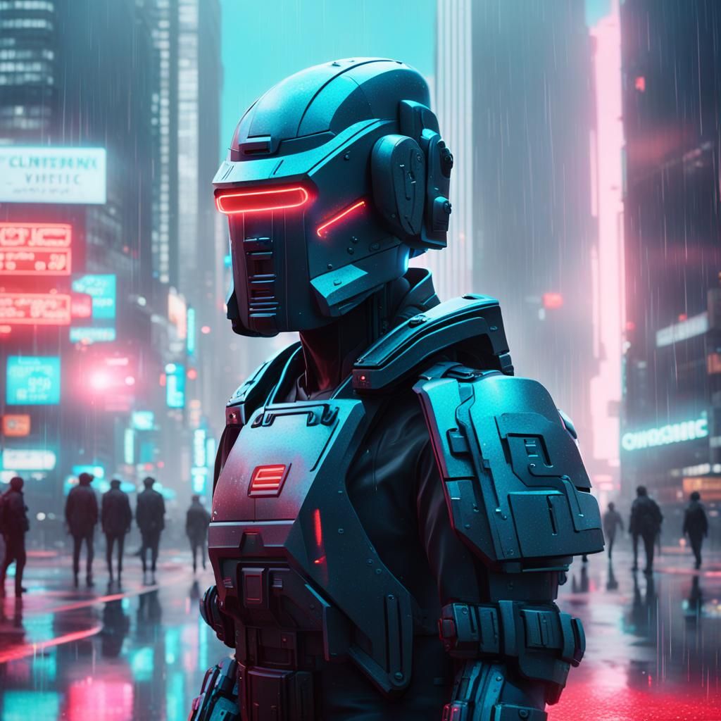 Cyberpunk Hologram in Neon Rainy City Street