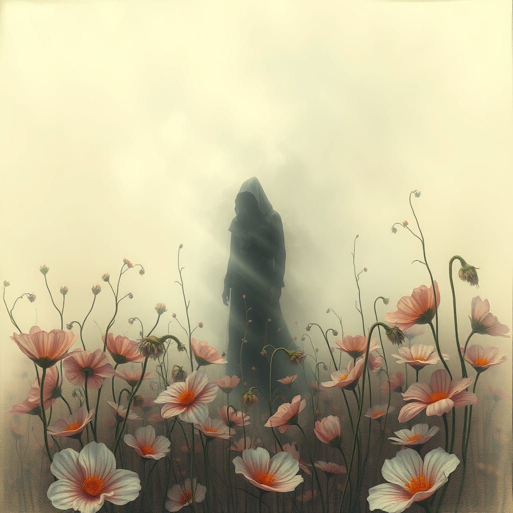 Mysterious Figure in Predawn Fog, Garden Flowers