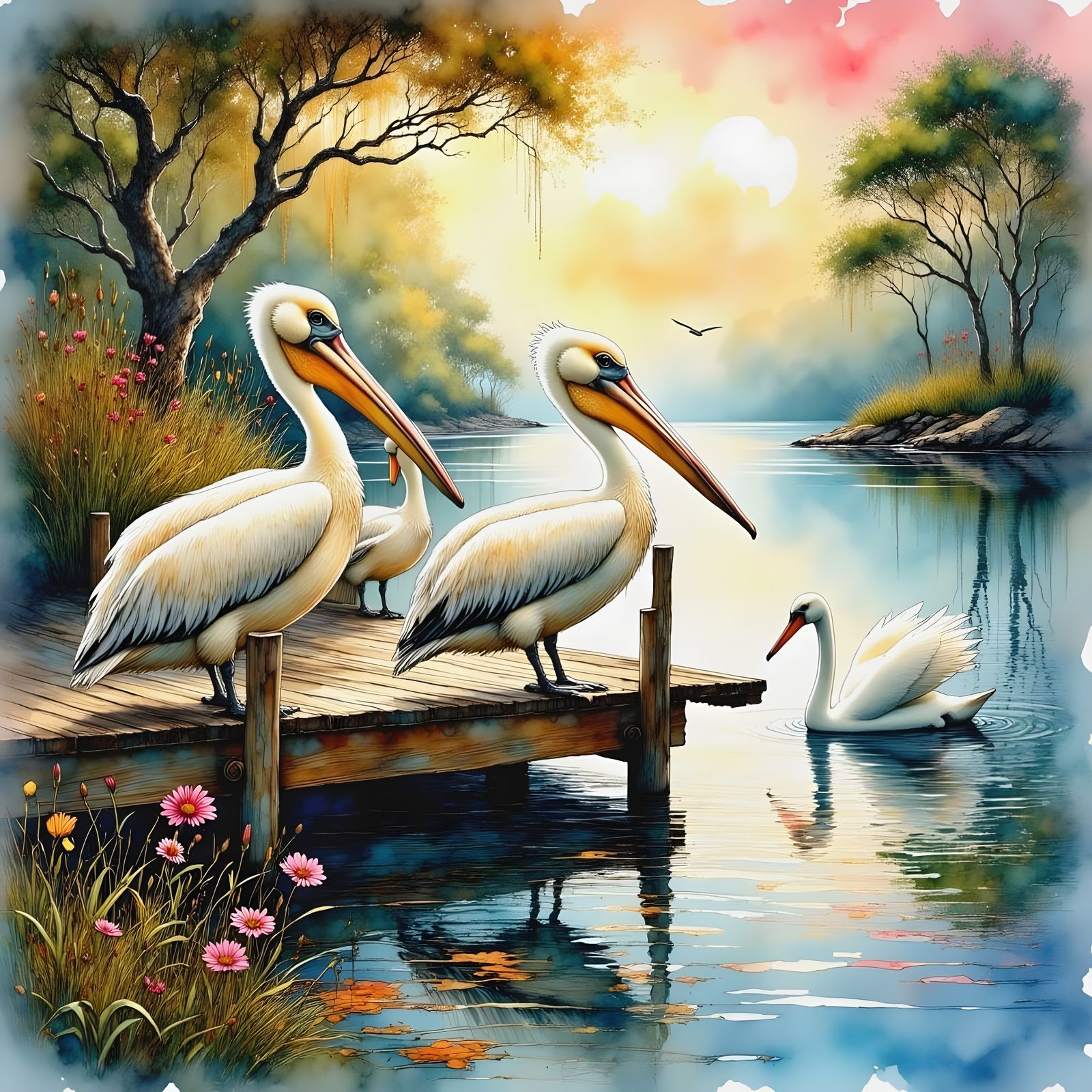 Serene Pelicans on Wooden Jetty in Majestic Lake Landscape