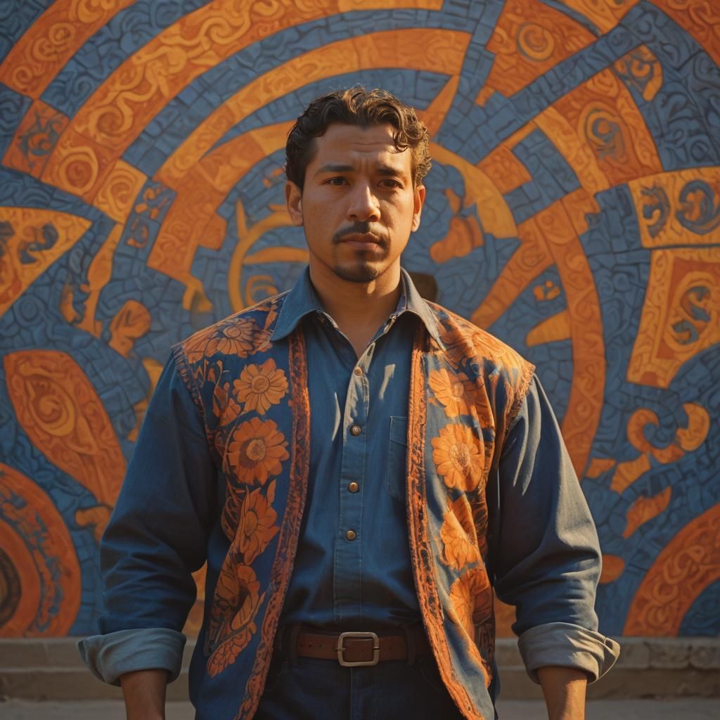 Hispanic Man in Blue with Latin American Art Style