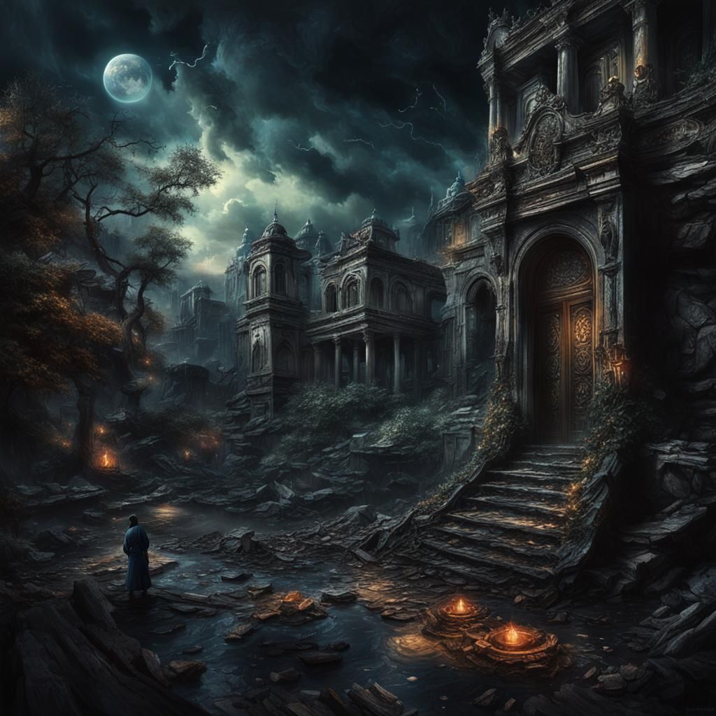 Fantastical Figure Moving Forward in Detailed Matte Painting