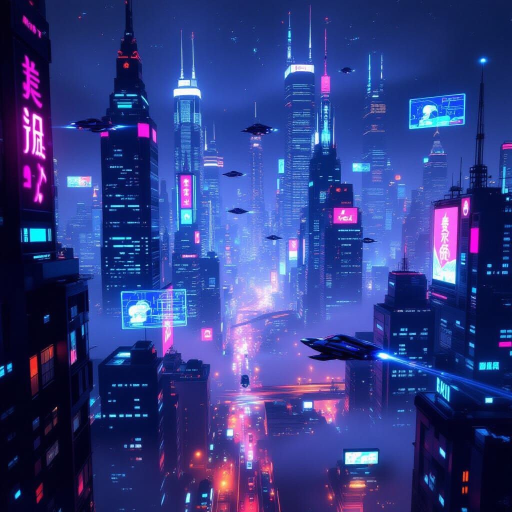 Futuristic Cityscape at Night with Neon Lights & Flying Cars