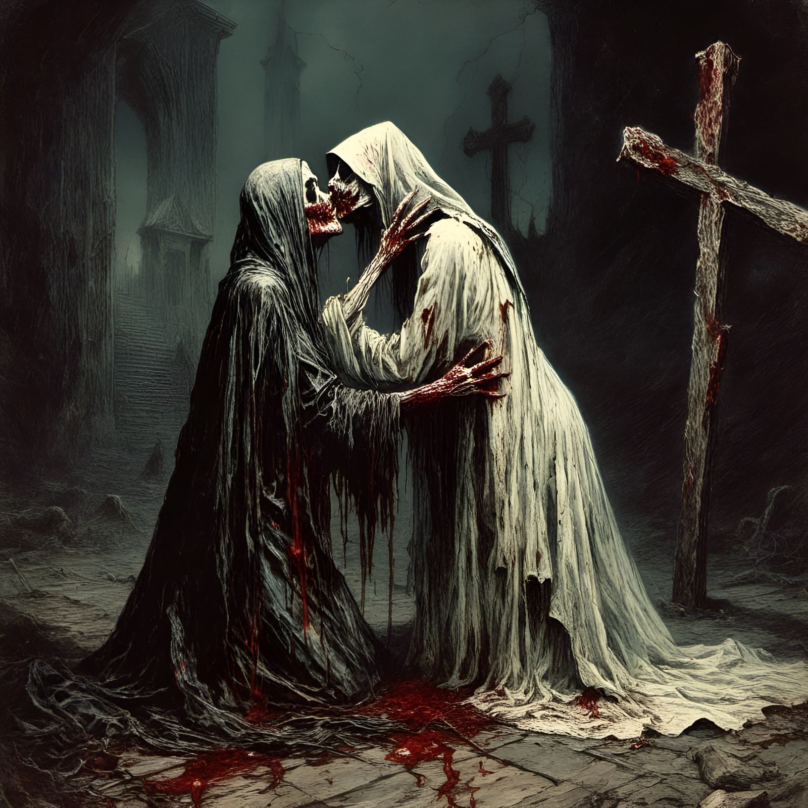 Bloody Zombie Nuns Kissing in Macabre Illustration