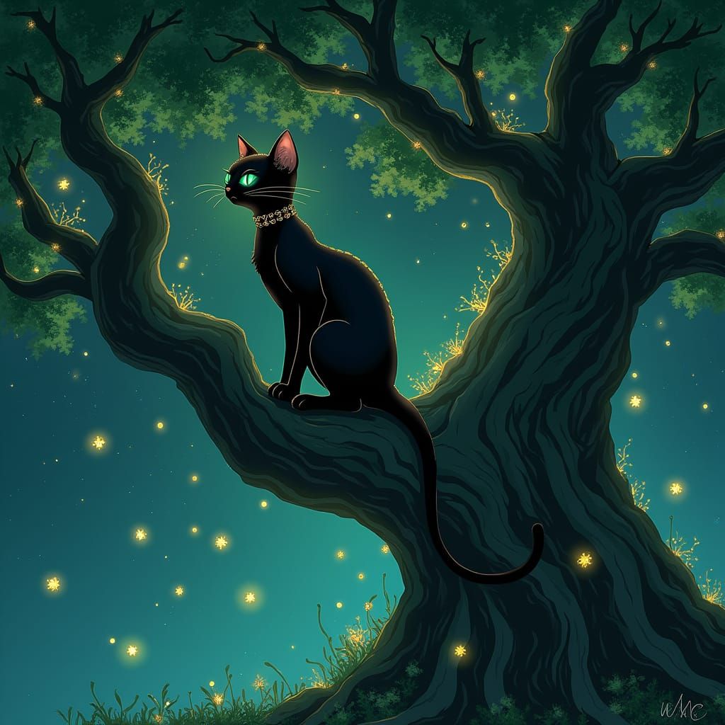 Regal Black Cat Sits atop Ancient Tree in Hidden Grove with ...