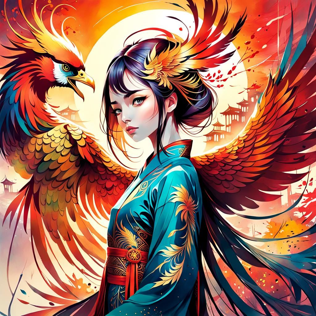 Chinese Phoenix Digital Watercolor Illustration