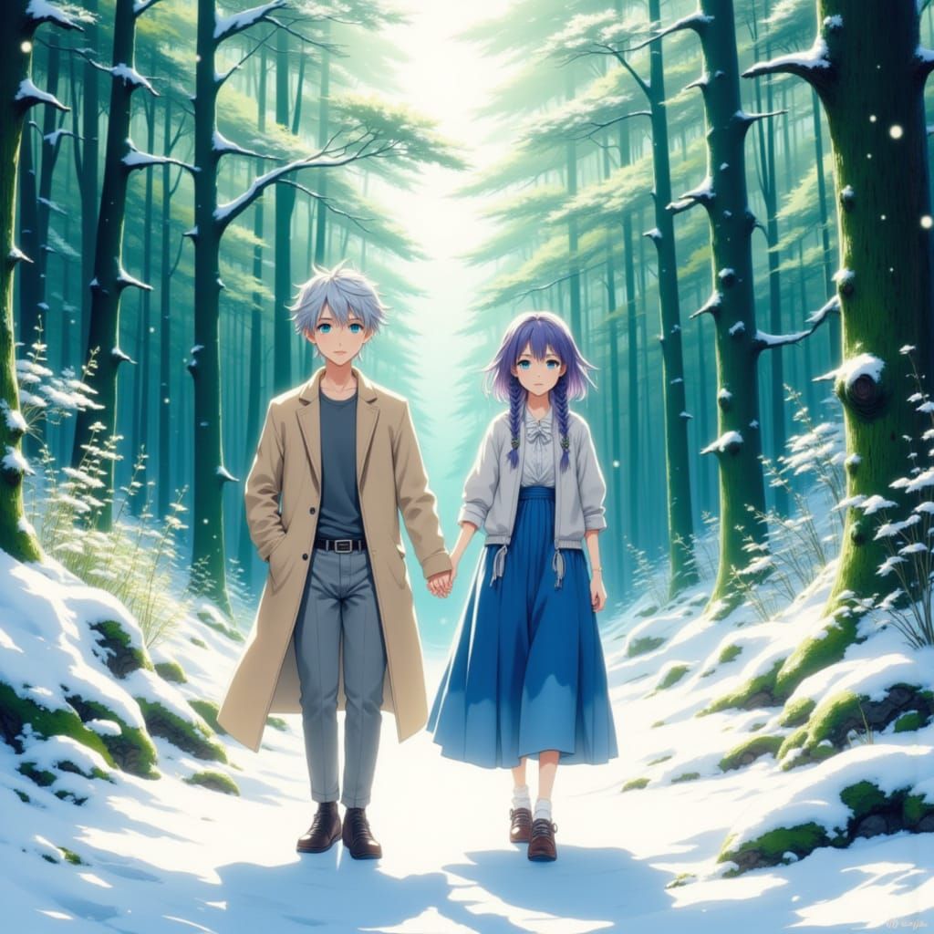 Anime Couple Walks Through Snowy Forest
