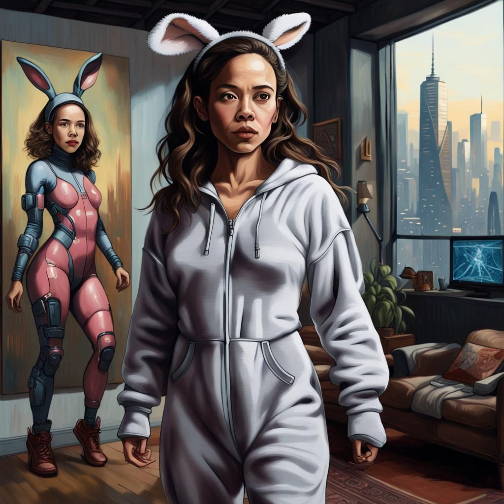 Cyberpunk Penthouse: Renaissance Figure in Bunny Onesie