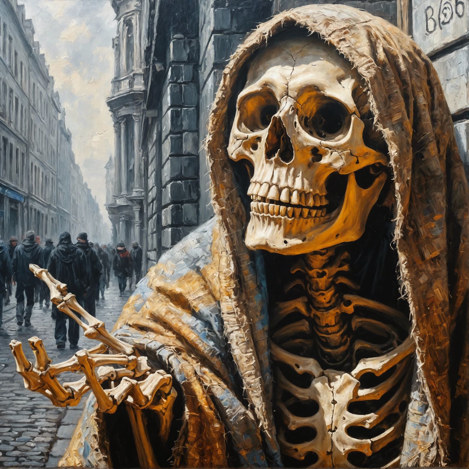 Sorrowful Skeleton Beggar in Detailed Oil Painting