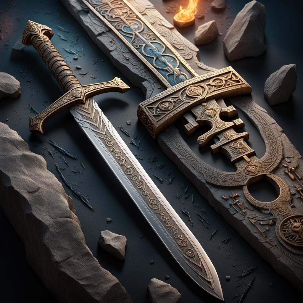 Mystical Sword Engraved with Glyphs Extends from Stone