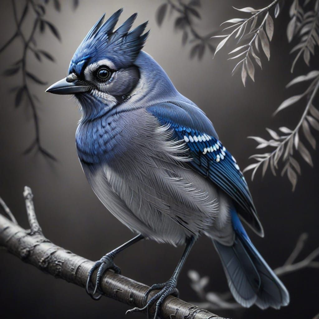 Hyperdetailed Charcoal Drawing of American Blue Jay