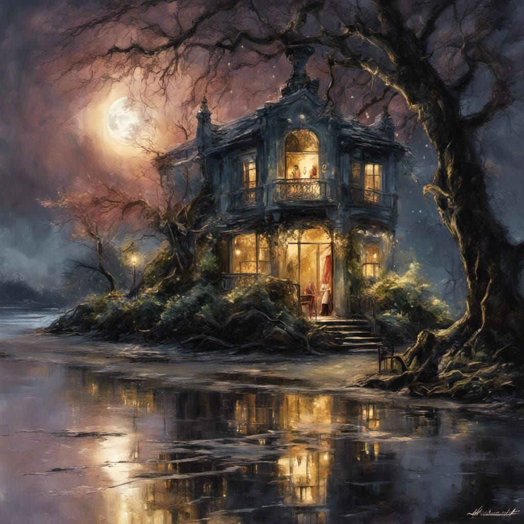 Moonlit Cafe on Alien Beach, Digital Art