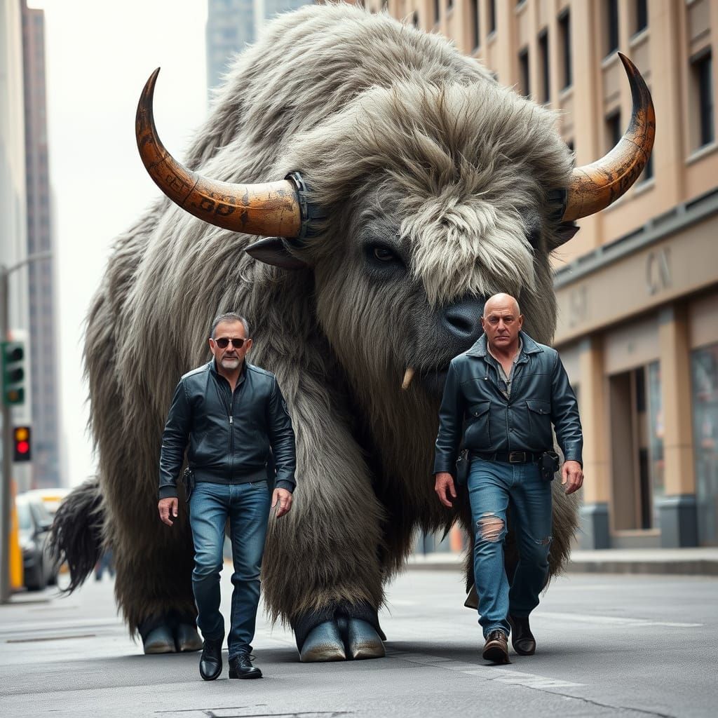 Muscular White Bison Humanoid Walks City Streets with Older ...