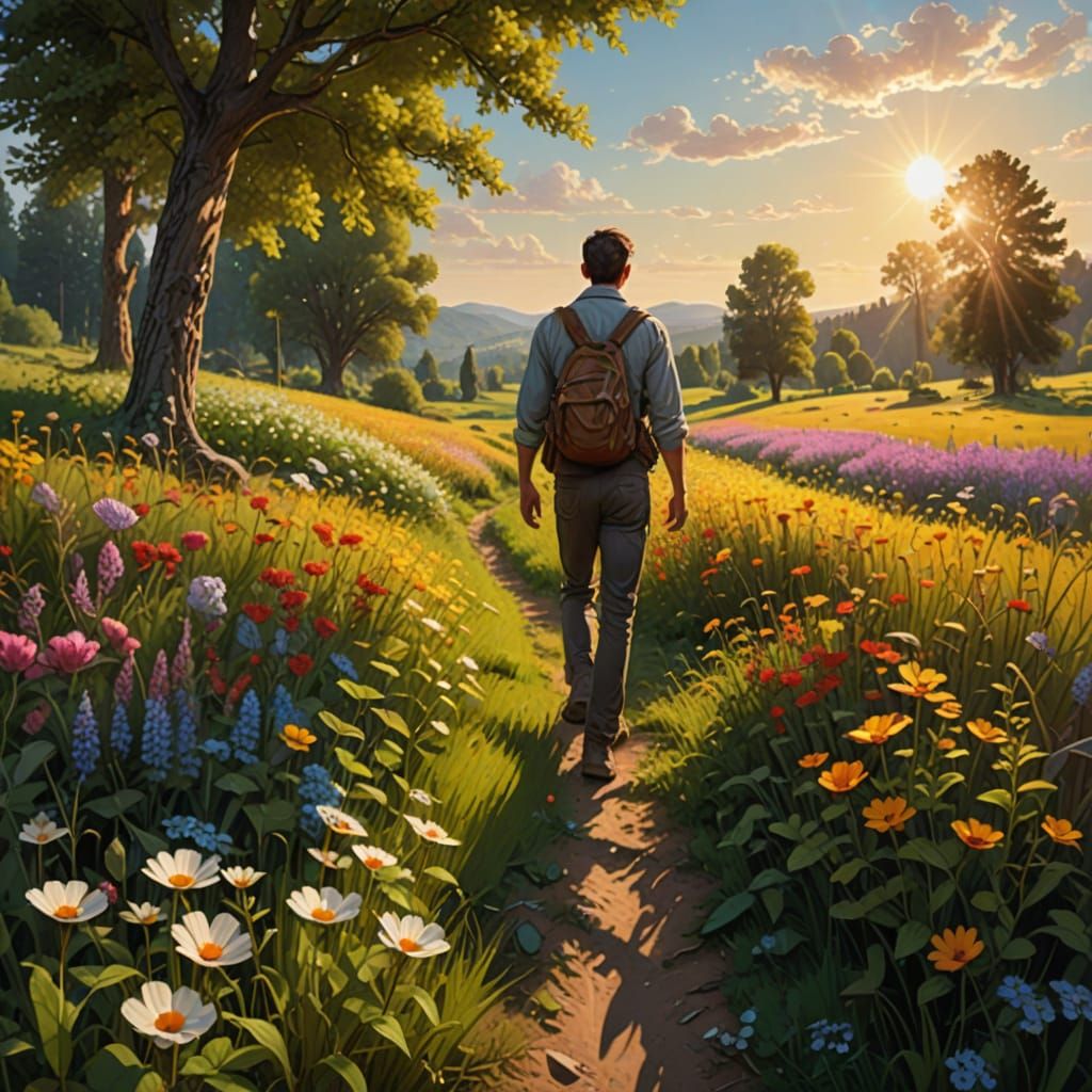 Serene Countryside Scene with Man Walking in a Lush Meadow