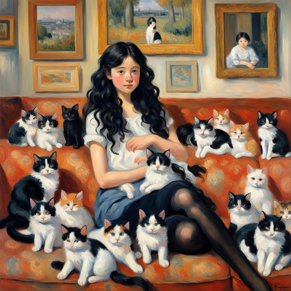 Girl with Cats in Impressionist Style Room