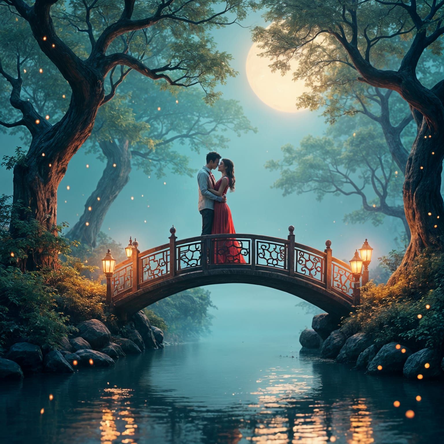 Lovers Meeting on Bridge in Moonlight