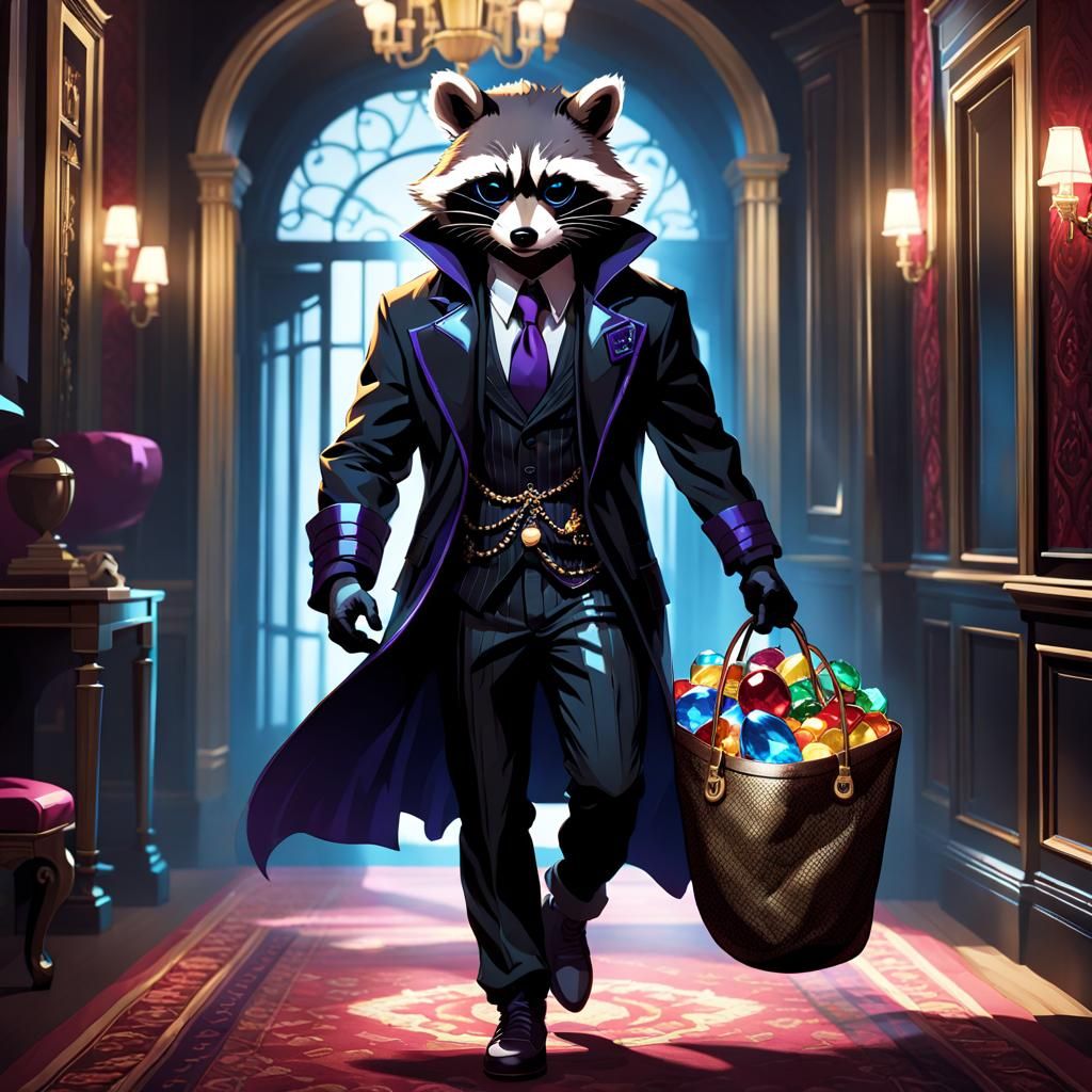Sly Raccoon Thief in Opulent Mansion: Anime Style