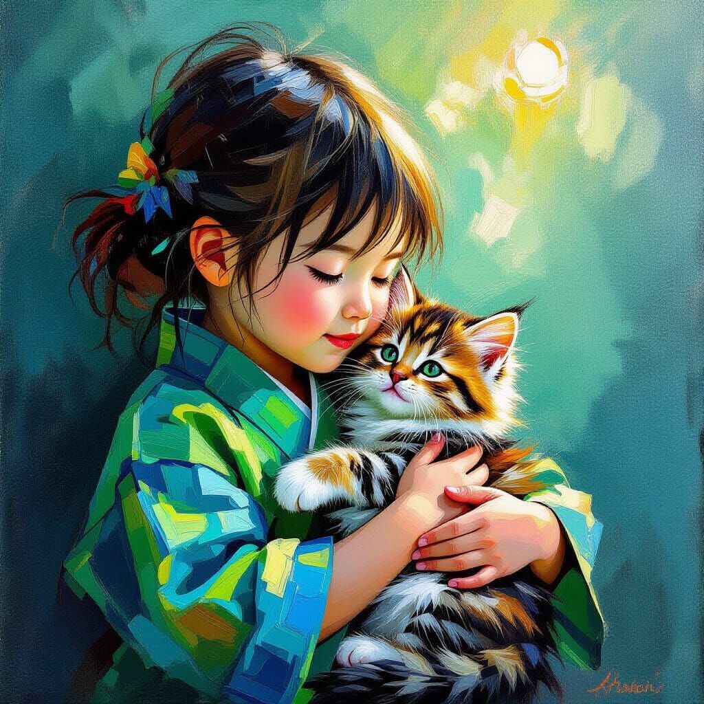 Japanese Child Holds Kitten in Vivid Impasto Oil Painting
