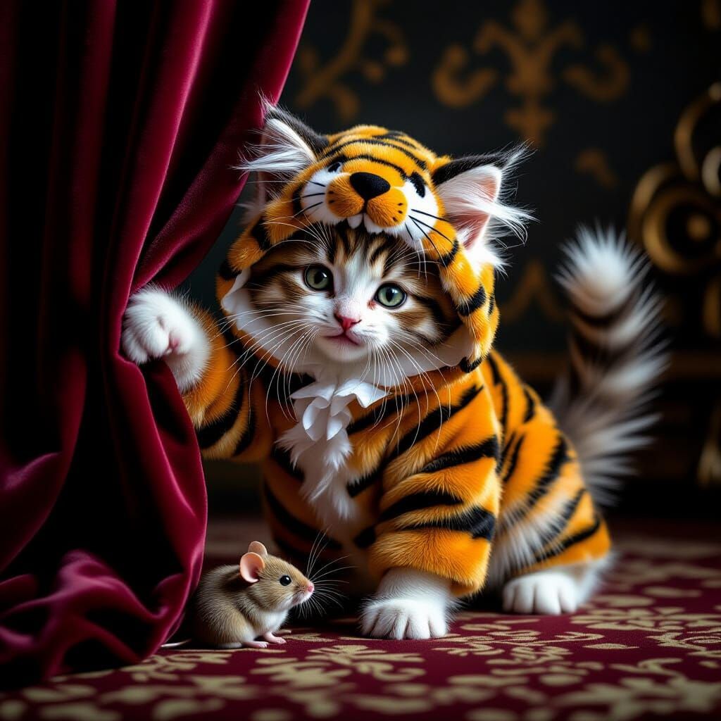 Fluffy Kitten in Tiger Costume Pounces on Mouse