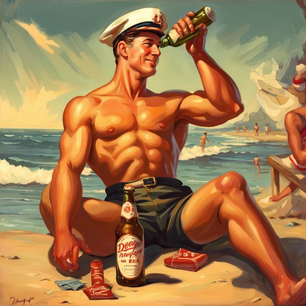 Vintage Sailor: 1950s Pin-Up Man at the Beach