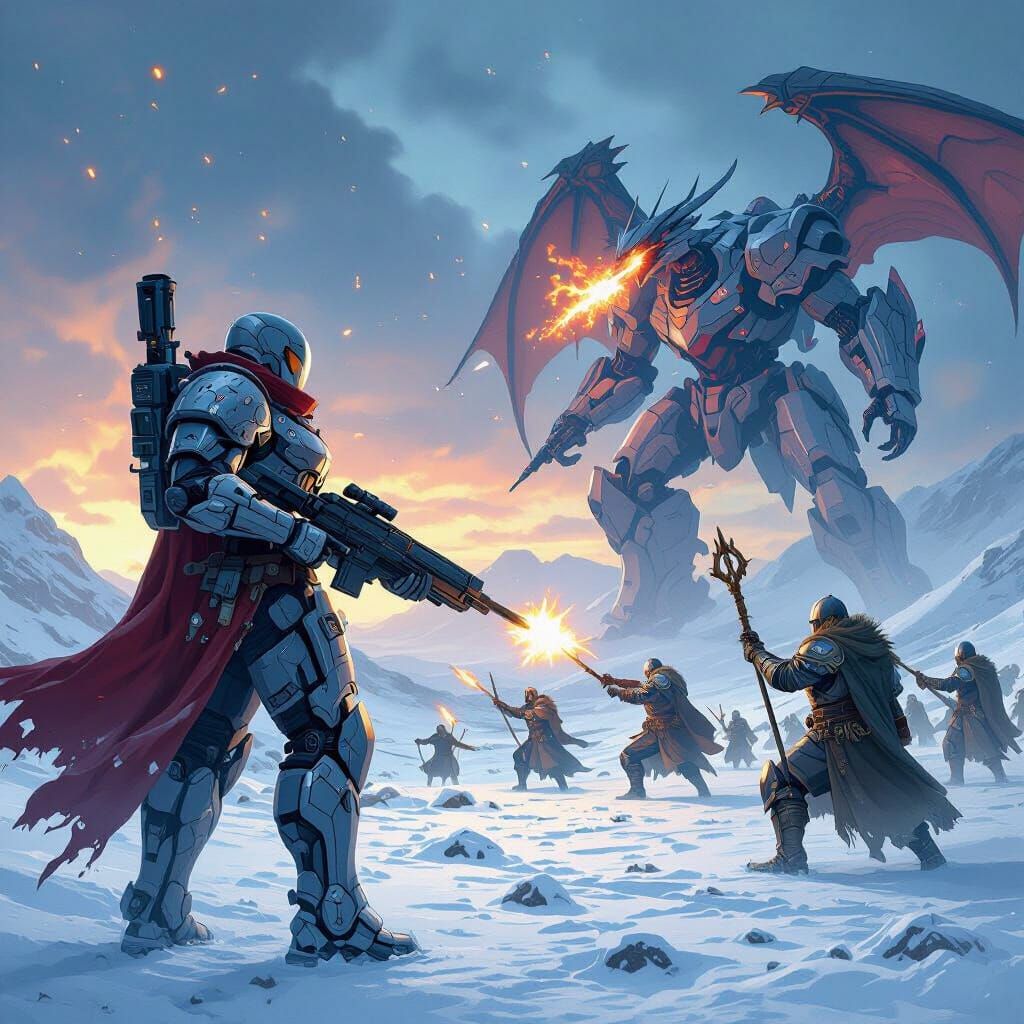 Technologic Marine nanosuit armor with guns clash with medieval troops in fullplate with Mecha dragon background