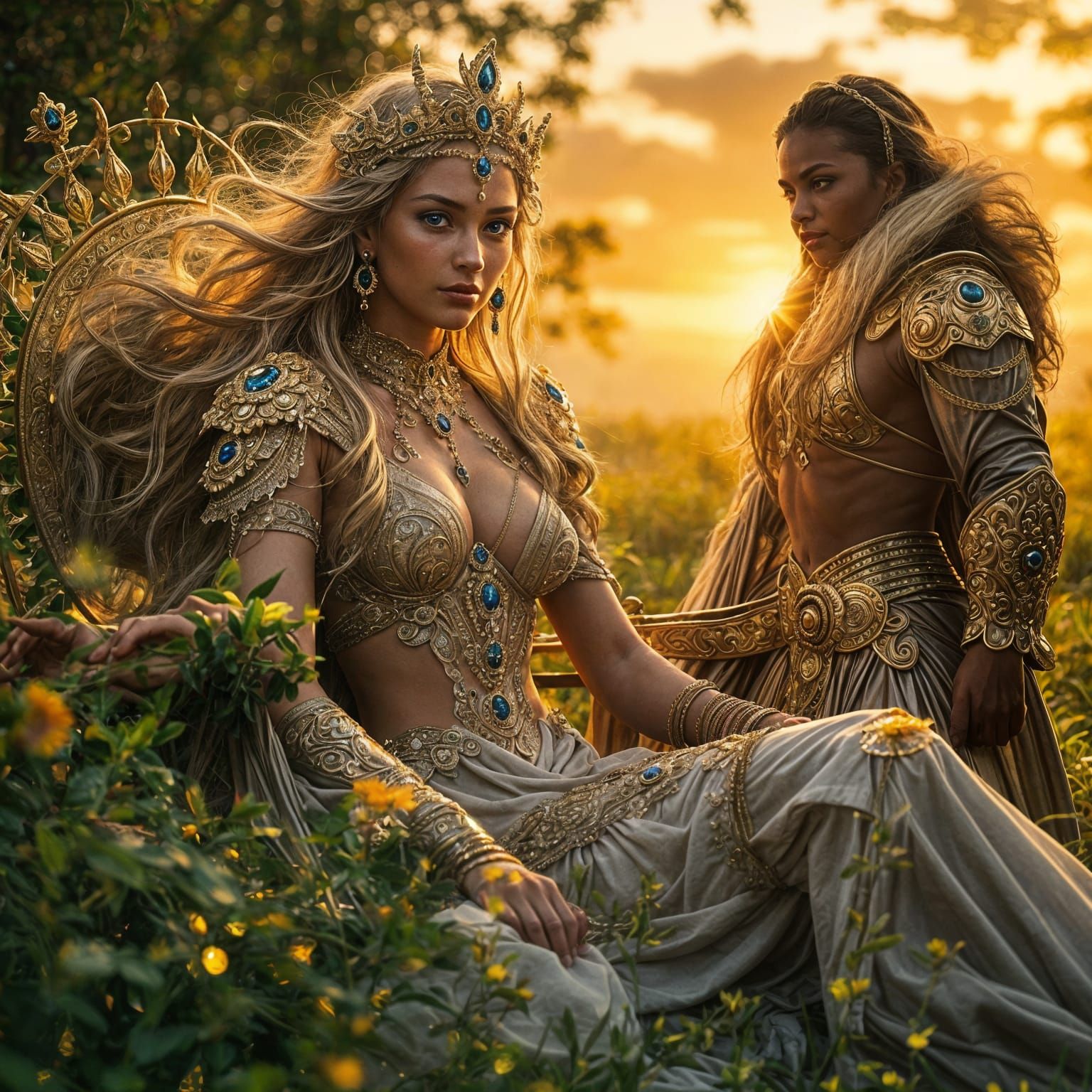 Golden Chariot of War Goddess at Sunset