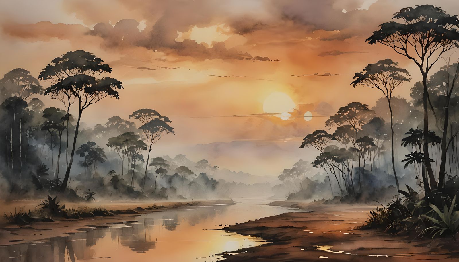 Amazon Rainforest Sunset in Watercolor Style