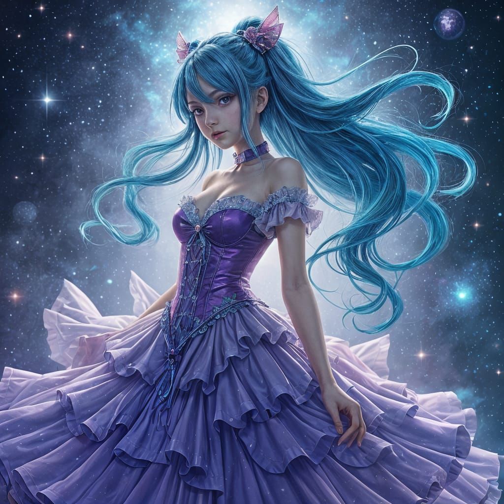 Anime Woman with Blue Hair and Cosmic Style