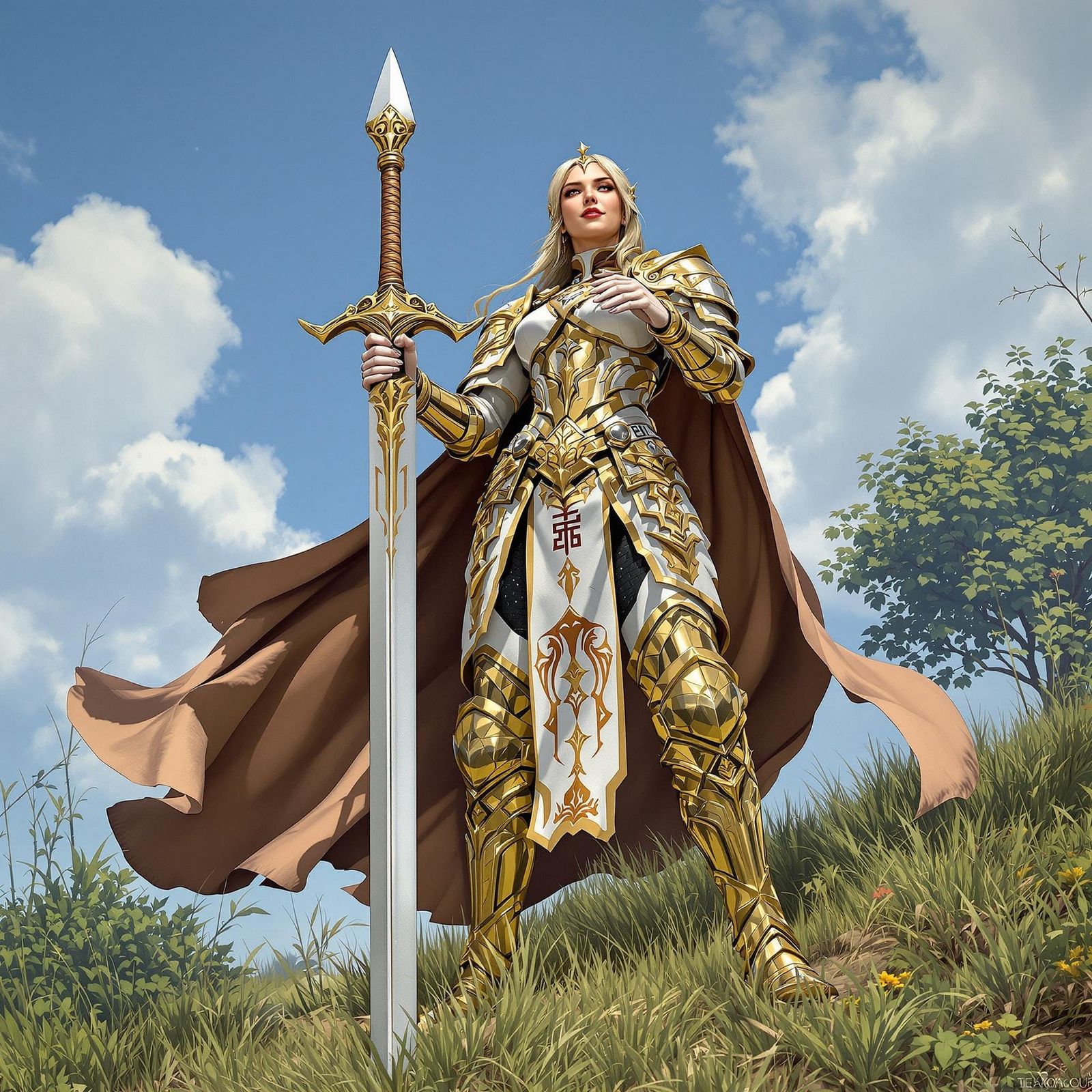 Female Paladin in Shining Armor on Grassy Hill
