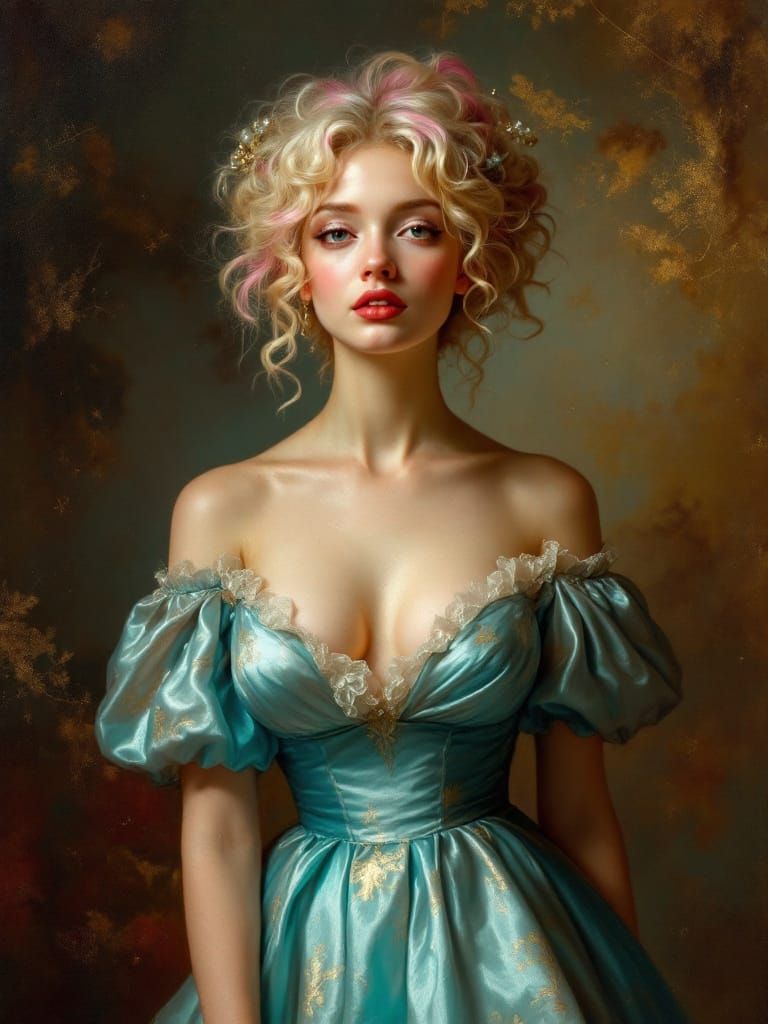 Rococo Pin-Up Woman in Metallic Dress with Pink Hair
