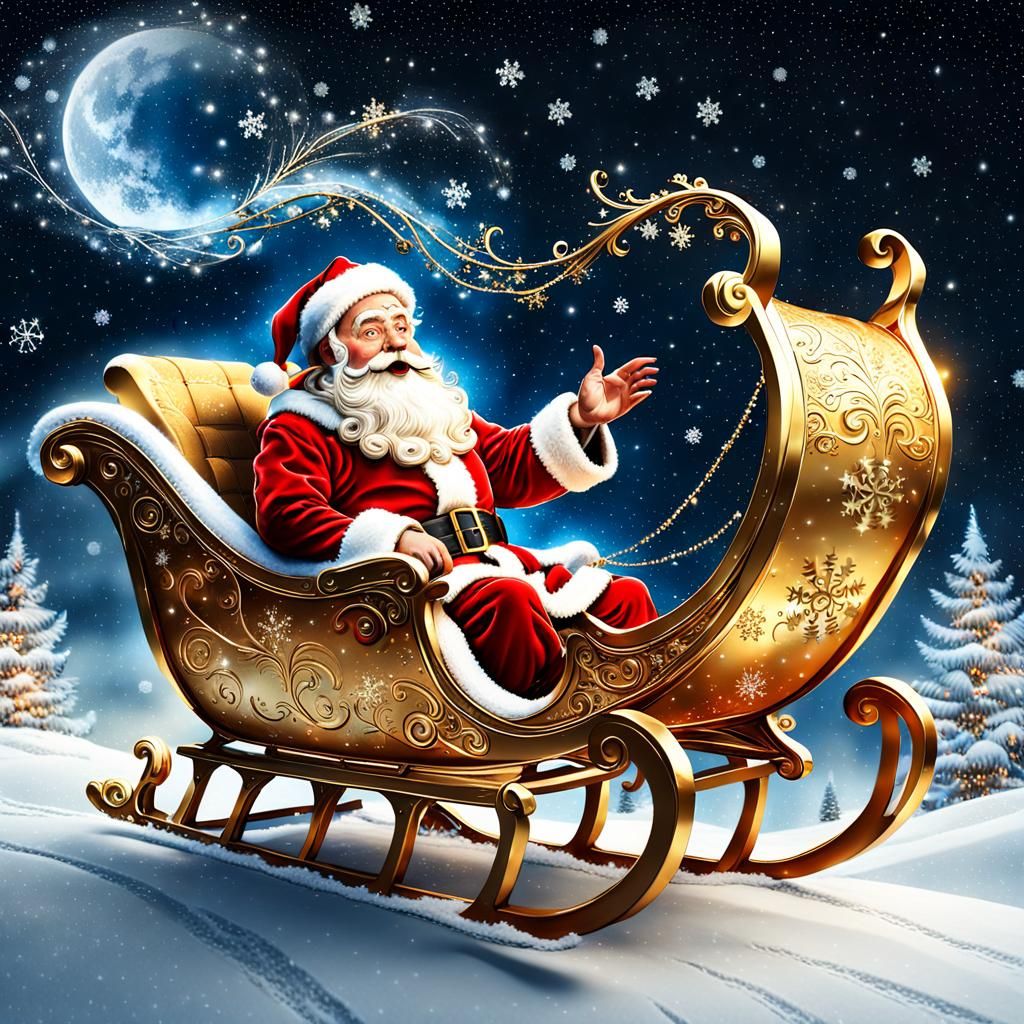 Surreal Santa Claus in a Magical Golden Sleigh