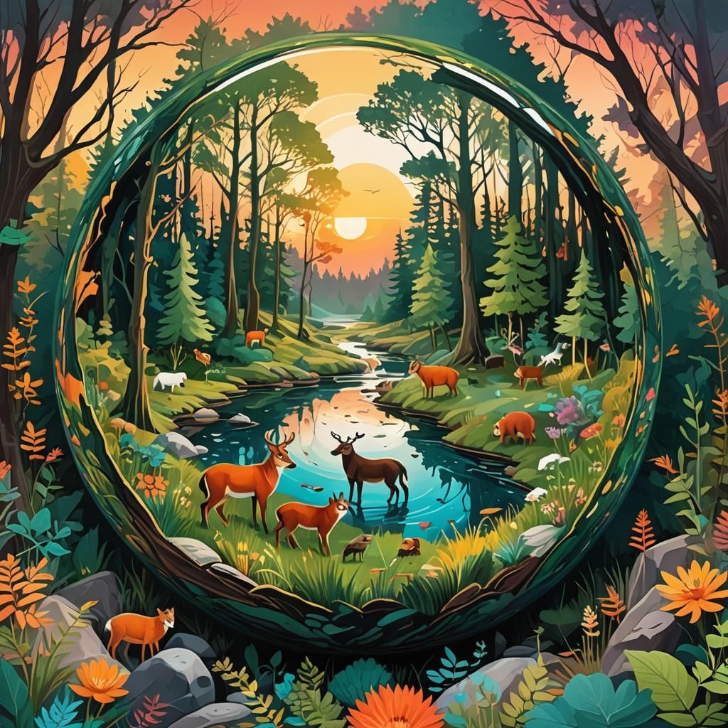 Forest in Sphere with Animals and Sunset