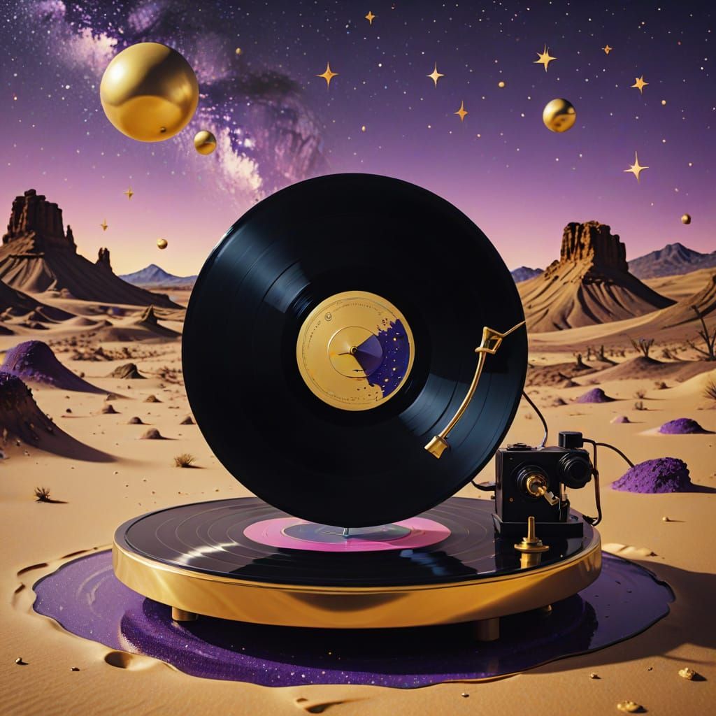 Surreal Floating Vinyl Record in Dreamlike Desert