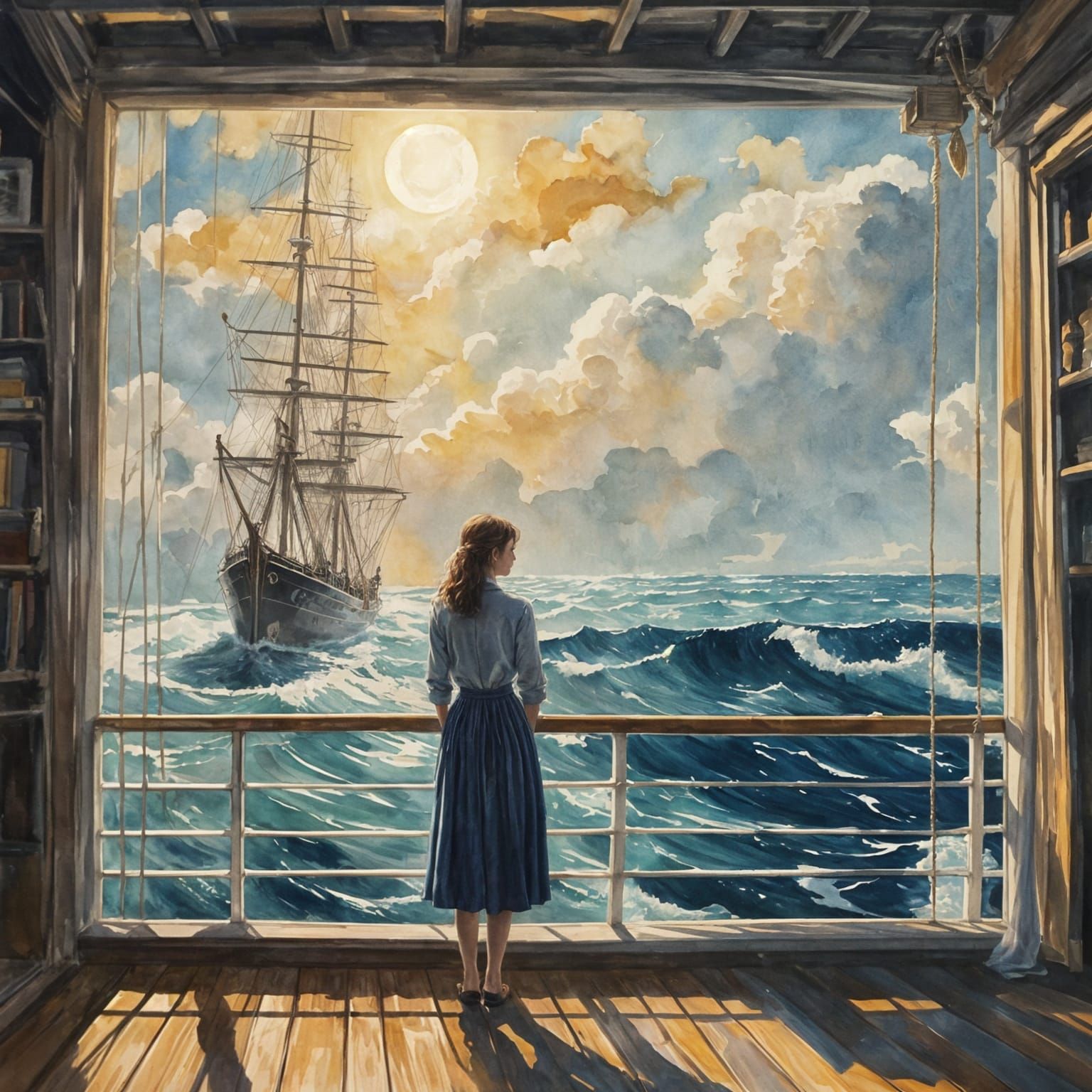 Woman on Ship Deck Gazing at Seascape in Gouache Style