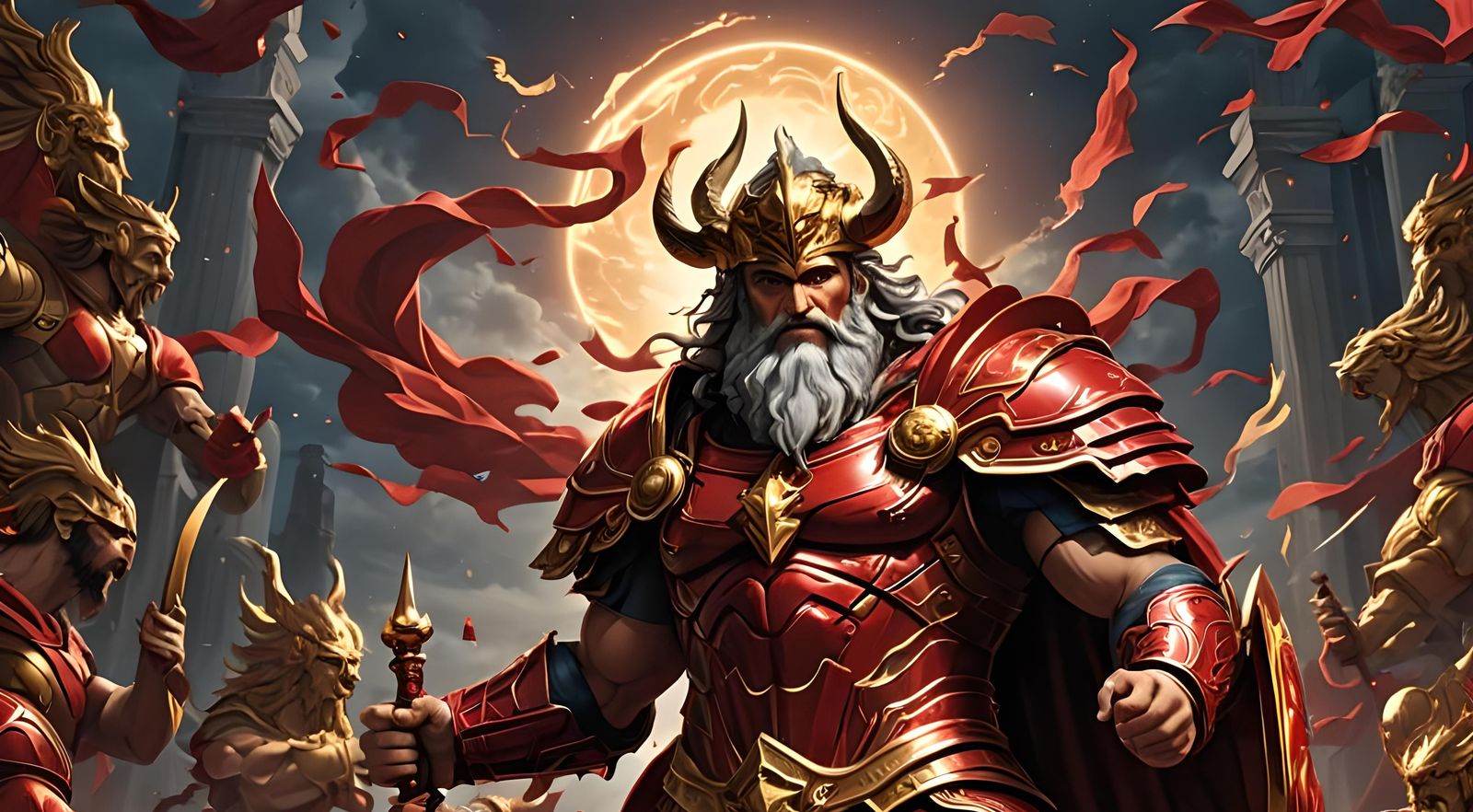 Dystopian Future Zeus in Red Armor, Digital Art